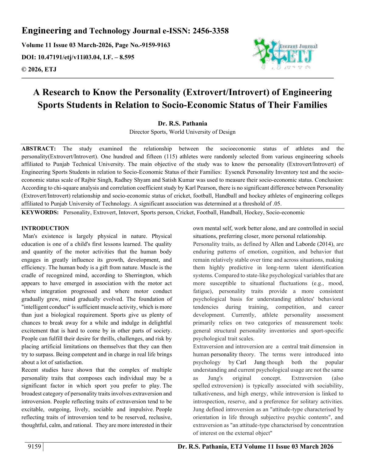 First page of A Research to Know the Personality (Extrovert/Introvert) of Engineering  Sports Students in Relation to Socio-Economic Status of Their Families
