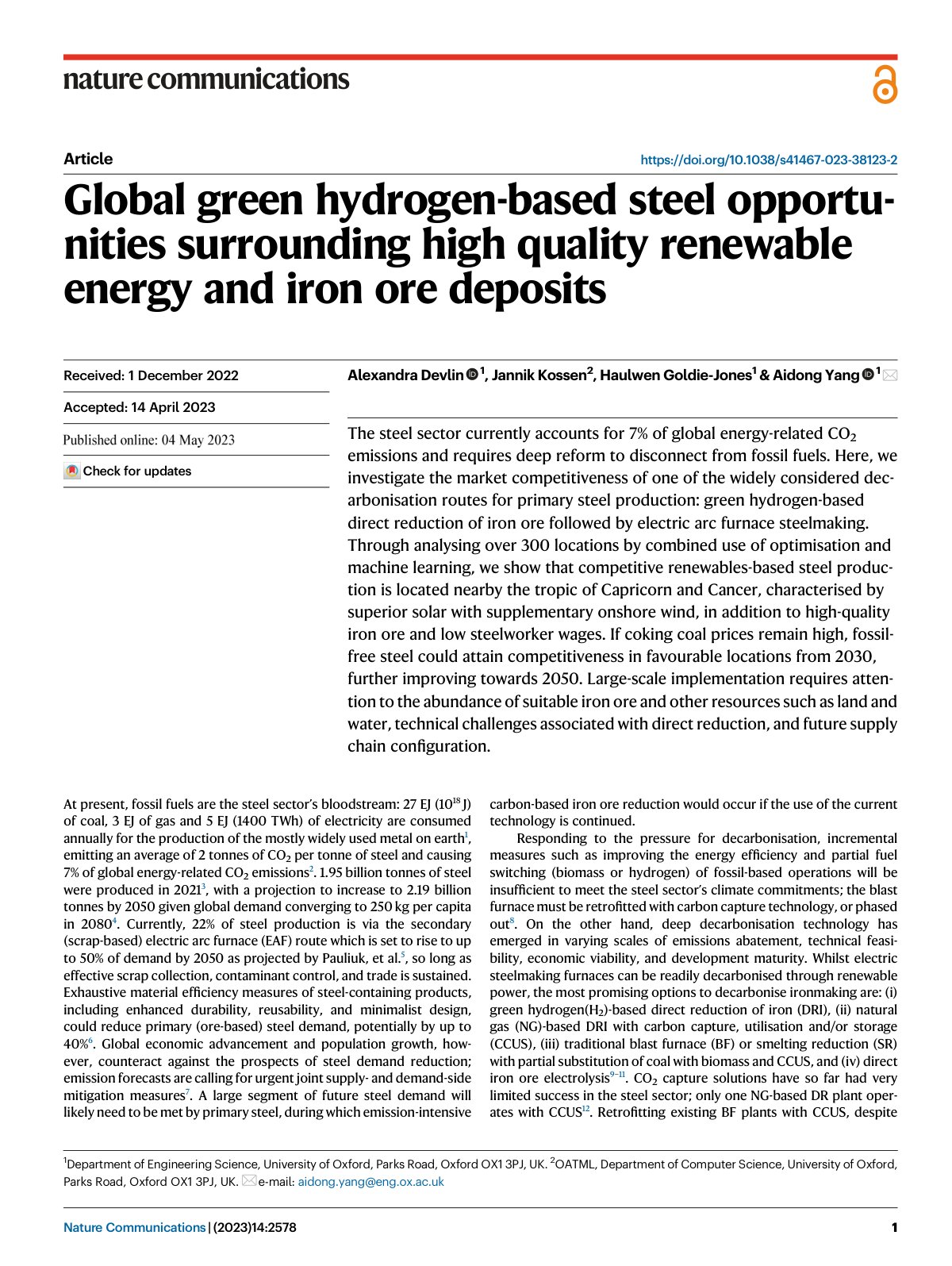 First page of Global green hydrogen-based steel opportunities surrounding high quality renewable energy and iron ore deposits