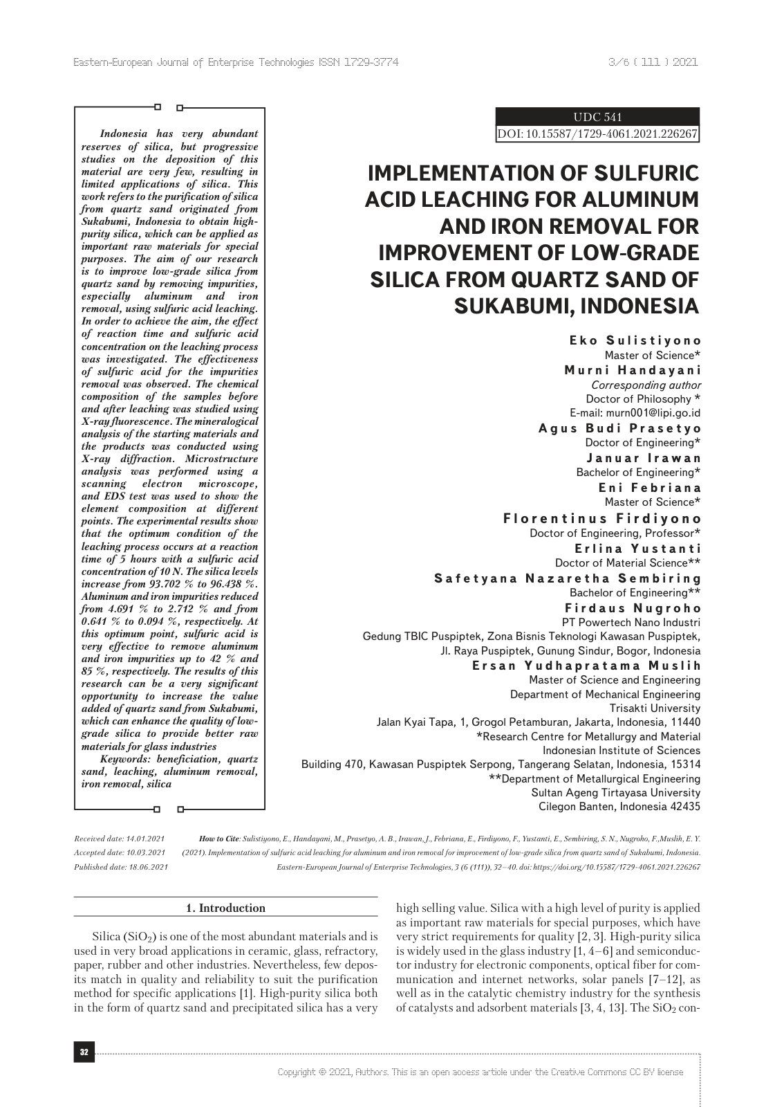 First page of Implementation of Sulfuric Acid Leaching