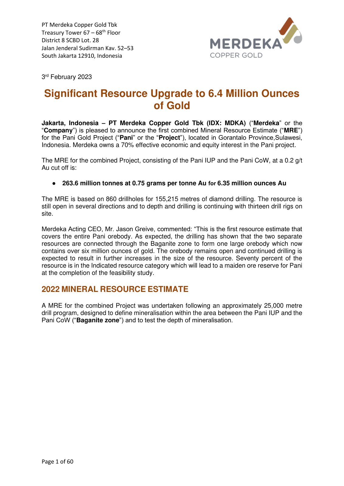 First page of Significant Resource Upgrade to 6.4 Million Ounces of Gold