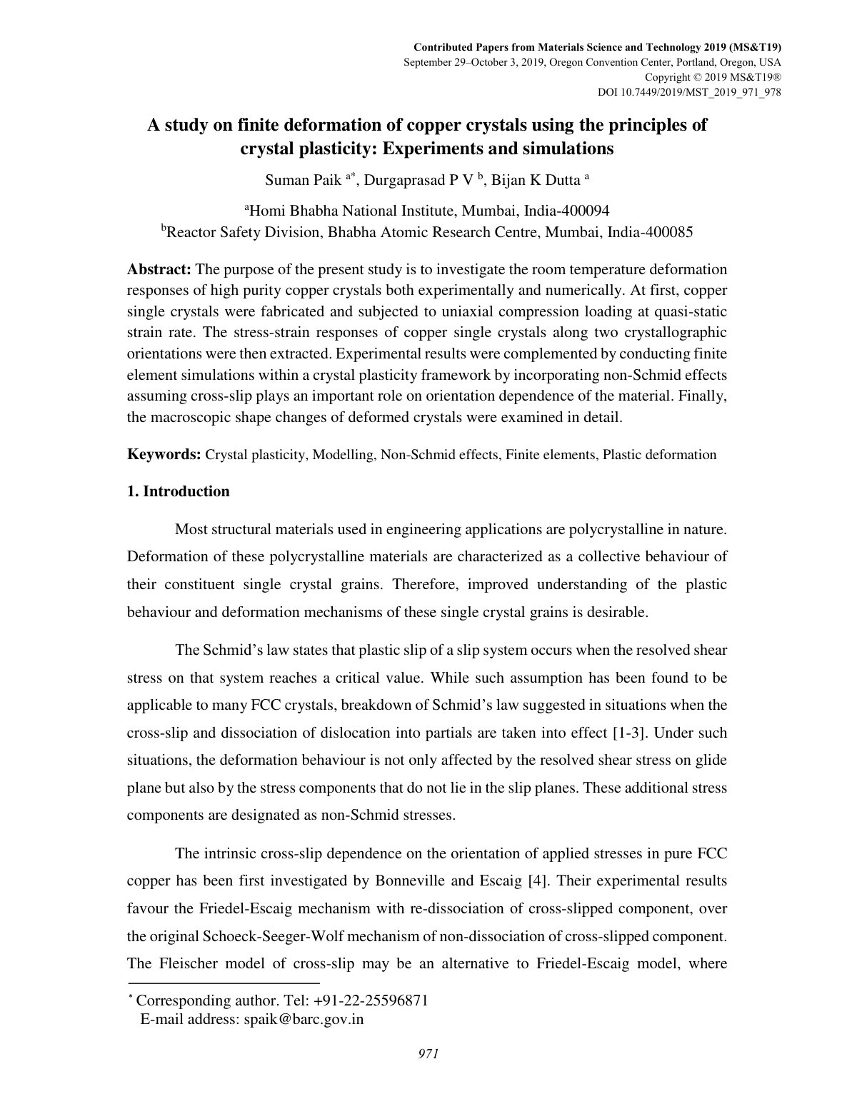 First page of A study on finite deformation of copper crystals using the principles of crystal plasticity: Experiments and simulations