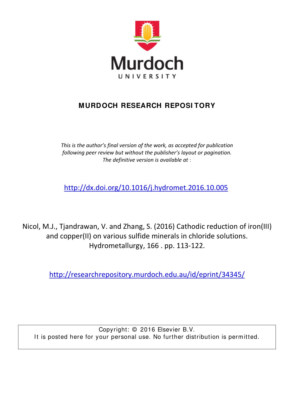 First page of Cathodic reduction of iron III and coppe