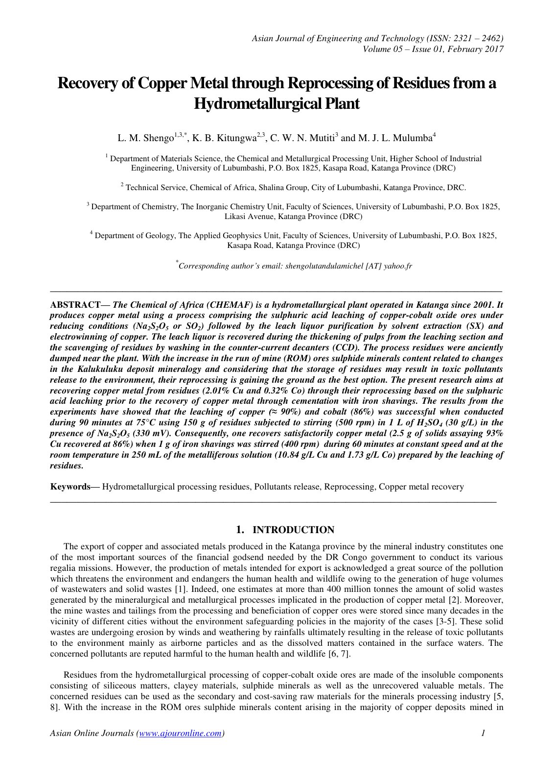 First page of Recovery of Copper Metal through Reprocessing of Residues from a Hydrometallurgical Plant