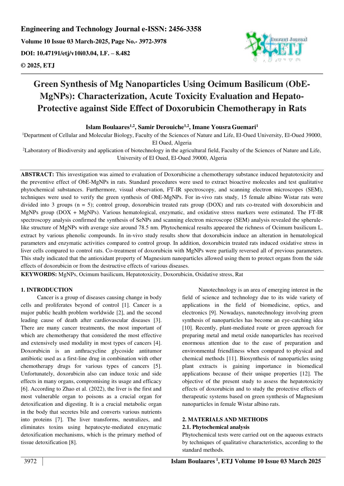 First page of Green Synthesis of Mg Nanoparticles Using Ocimum Basilicum (ObE MgNPs): Characterization, Acute Toxicity Evaluation and Hepato Protective against Side Effect of Doxorubicin Chemotherapy in Rats 