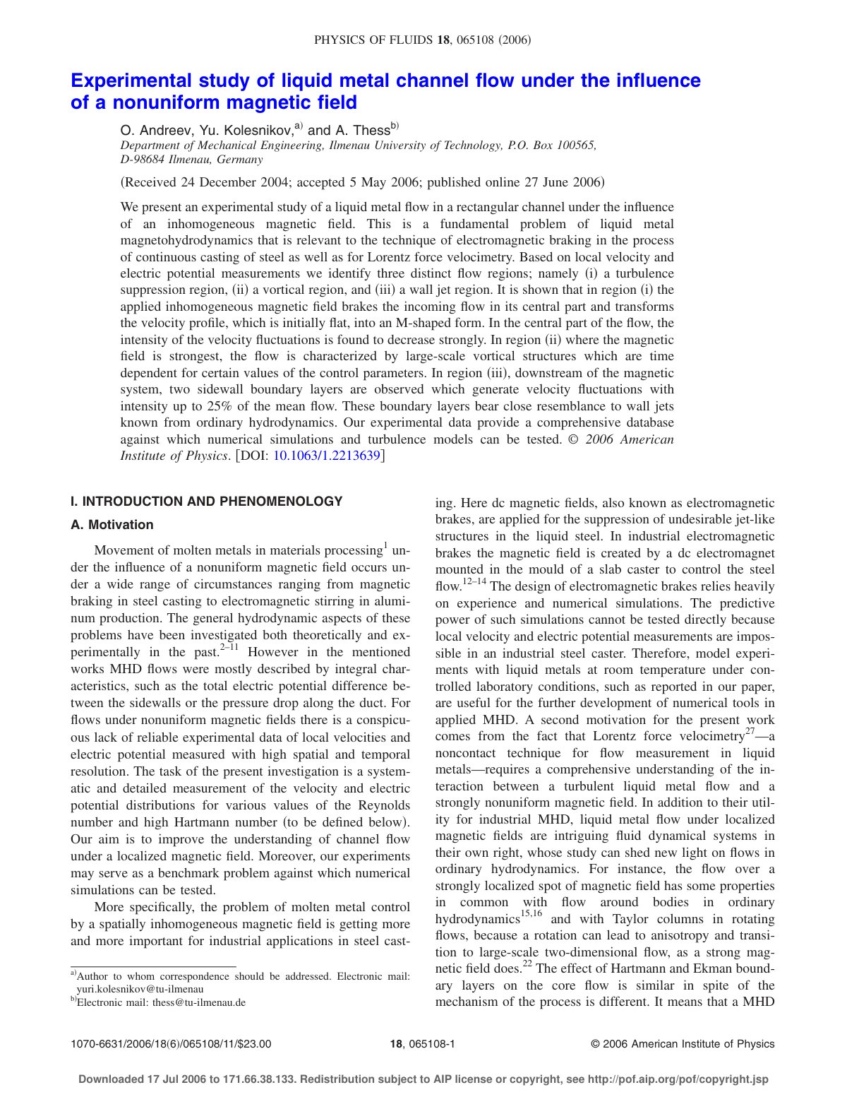 First page of Experimental study of liquid metal chann