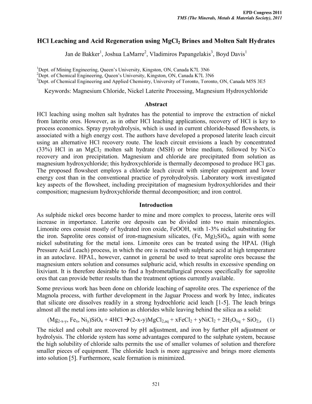 First page of HCI Leaching and Acid Regeneration using MgCii Brines and Molten Salt Hydrates