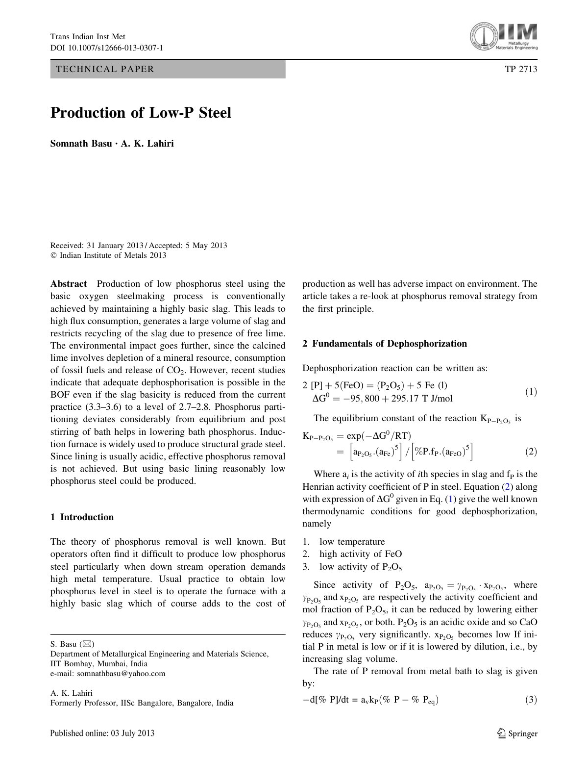 First page of Production of Low-P Steel