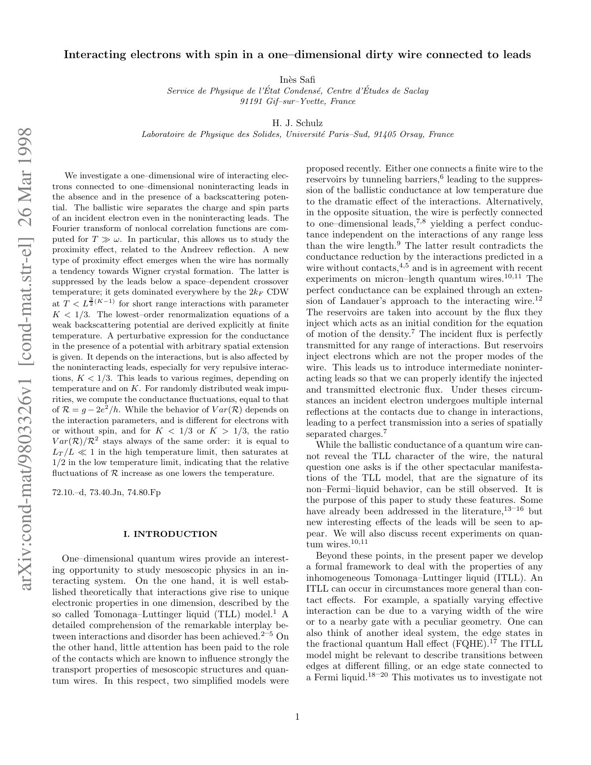 First page of Interacting electrons with spin in a one