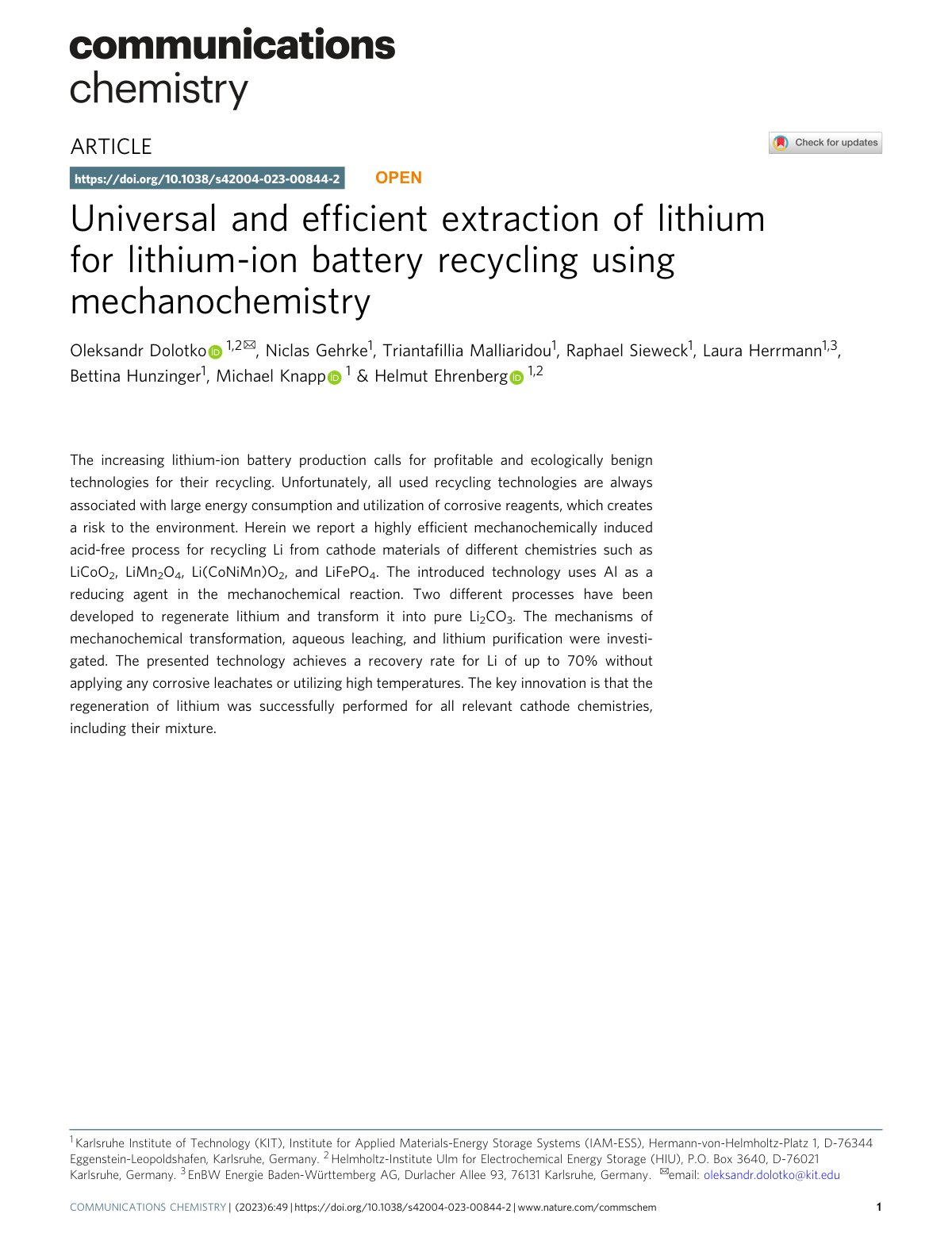 First page of Universal and efﬁcient extraction of lithium for lithium-ion battery recycling using mechanochemistry