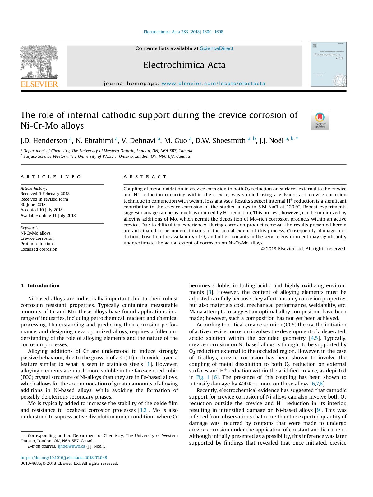 First page of The role of internal cathodic support during the crevice corrosion of Ni-Cr-Mo alloys