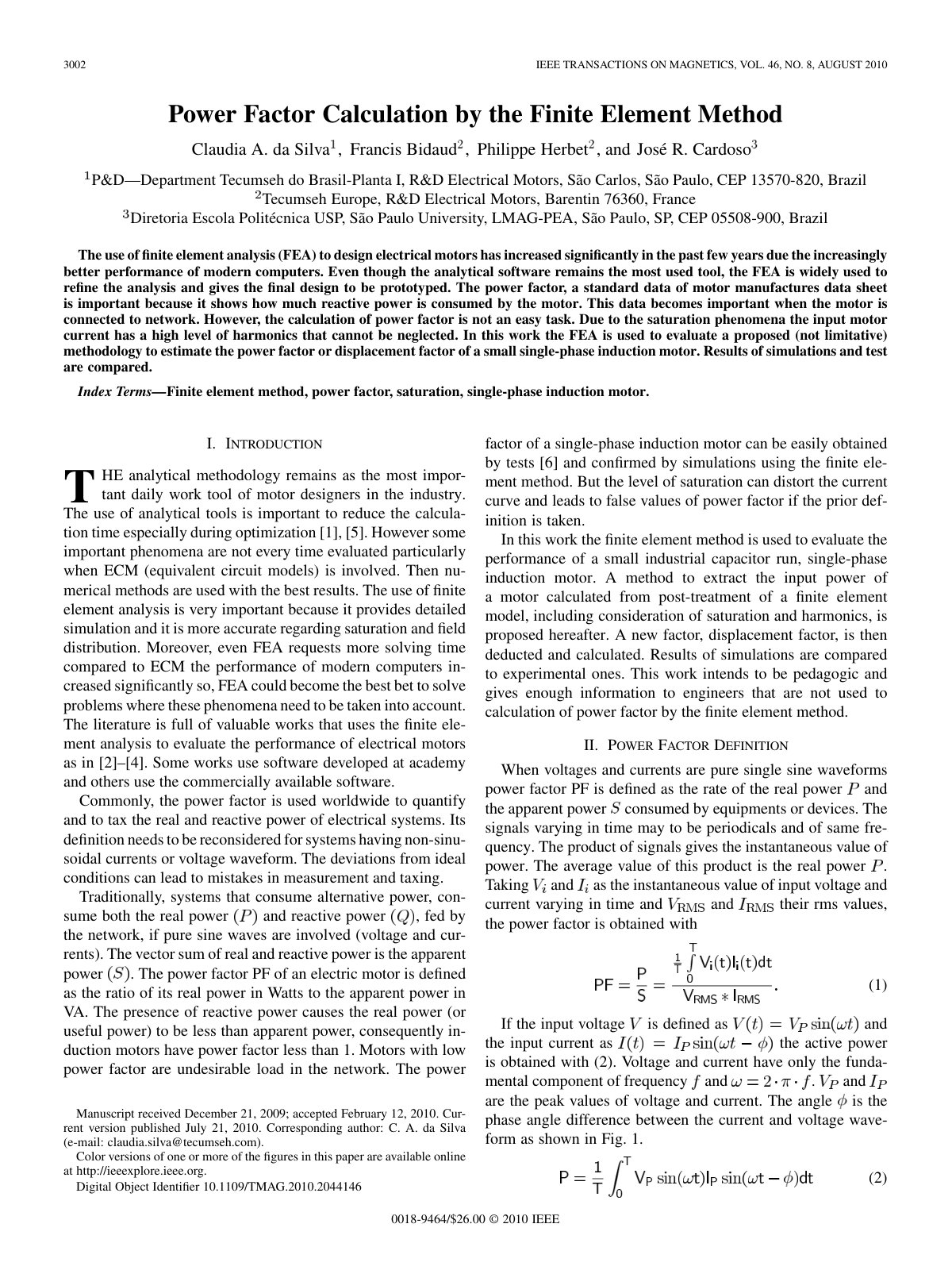 First page of Power Factor Calculation by the Finite Element Method