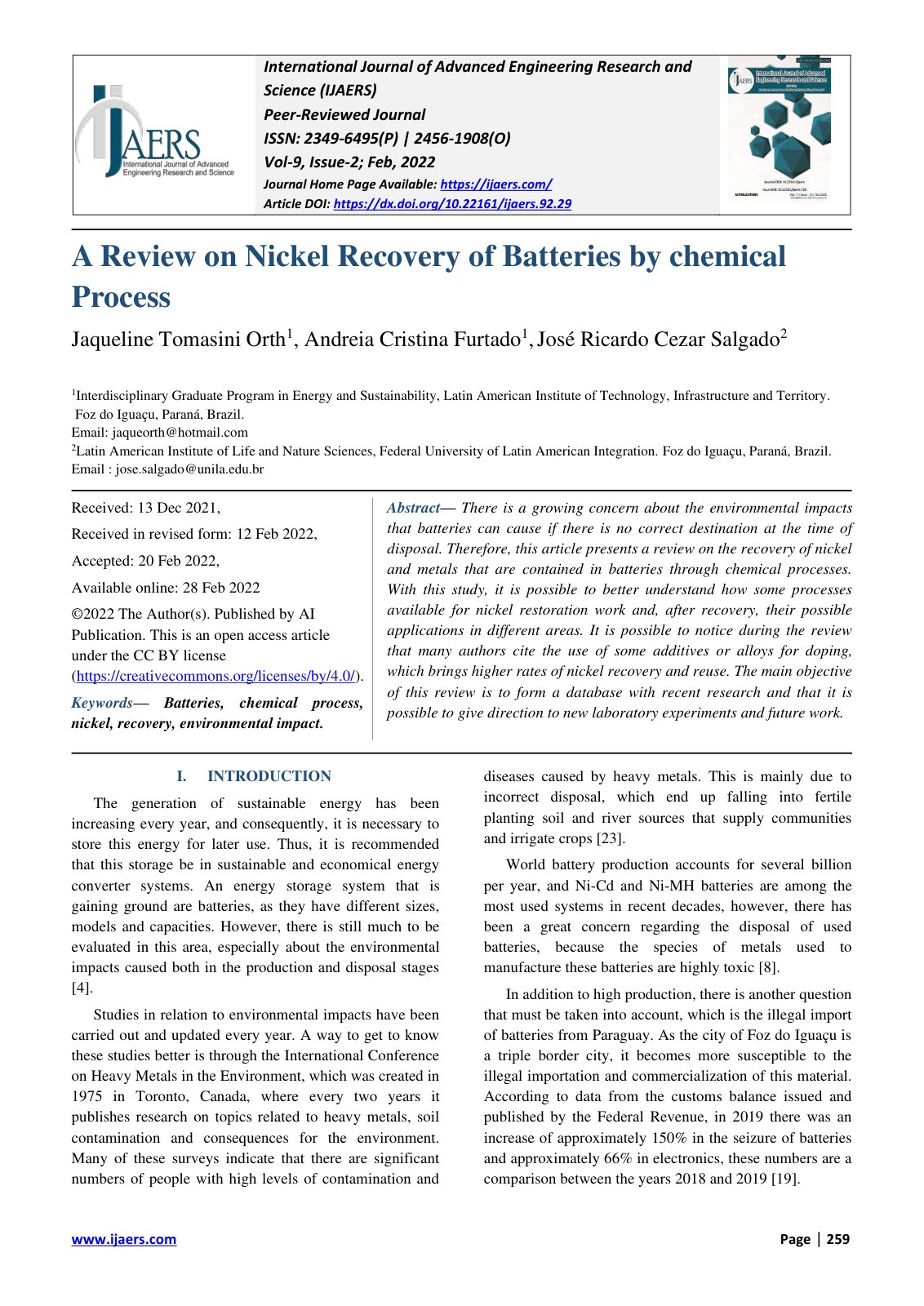 First page of A Review on Nickel Recovery of Batteries