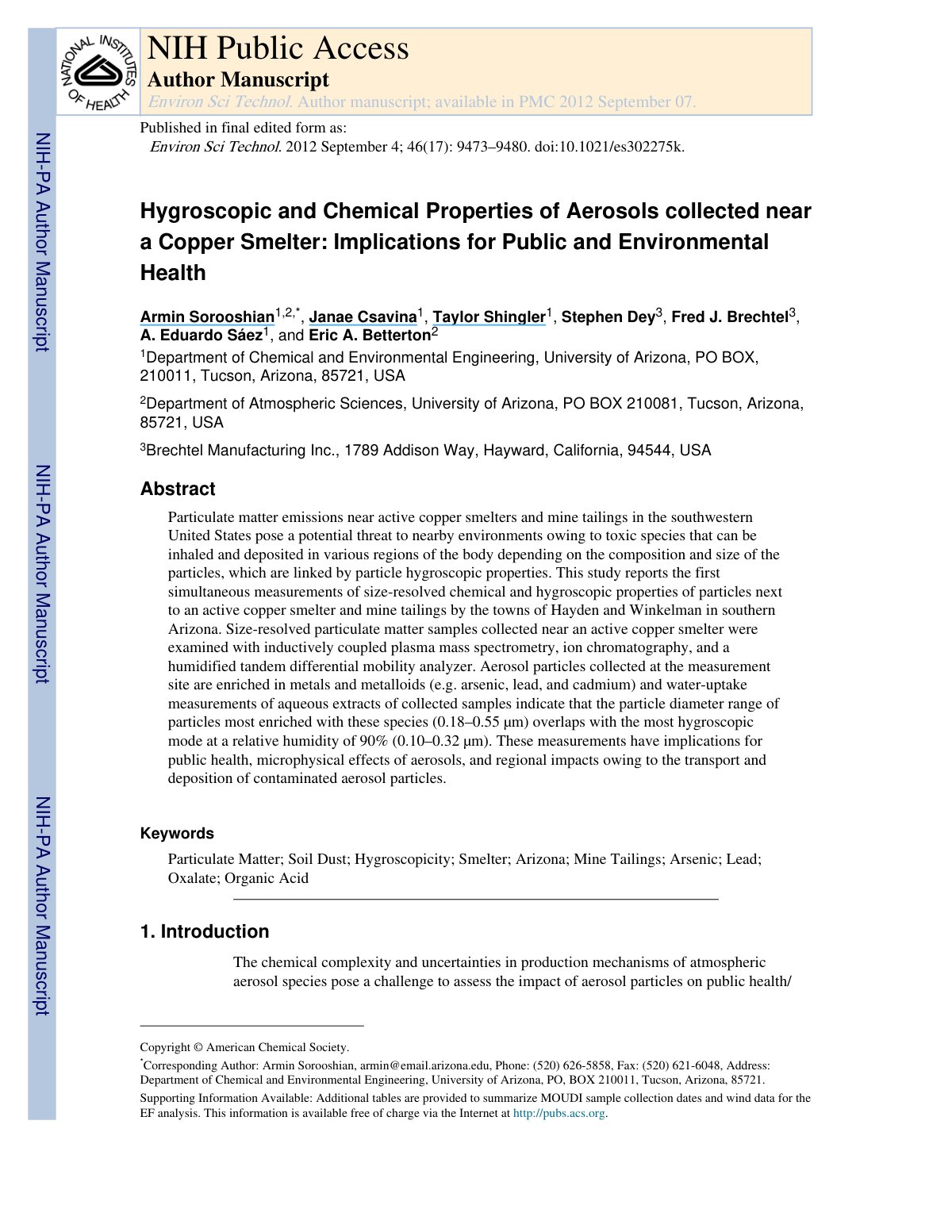 First page of Hygroscopic and Chemical Properties of Aerosols collected near a Copper Smelter: Implications for Public and Environmental Health