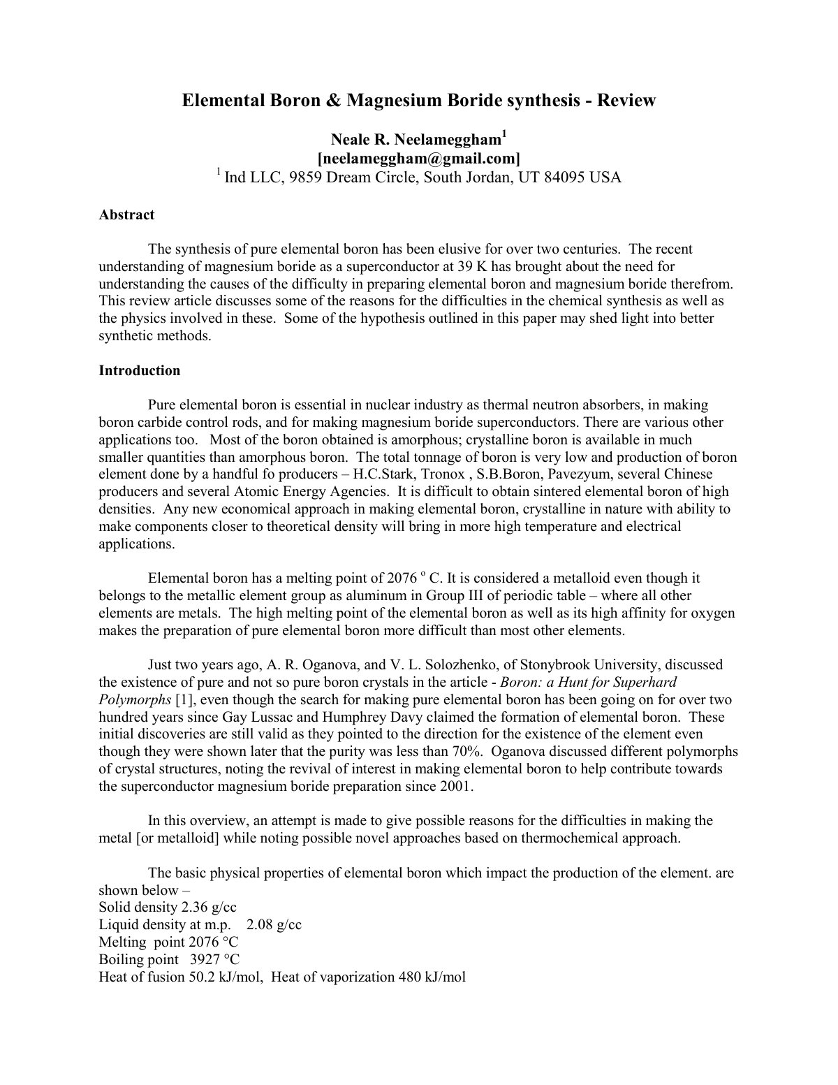 First page of Elemental Boron Magnesium Boride Synthes