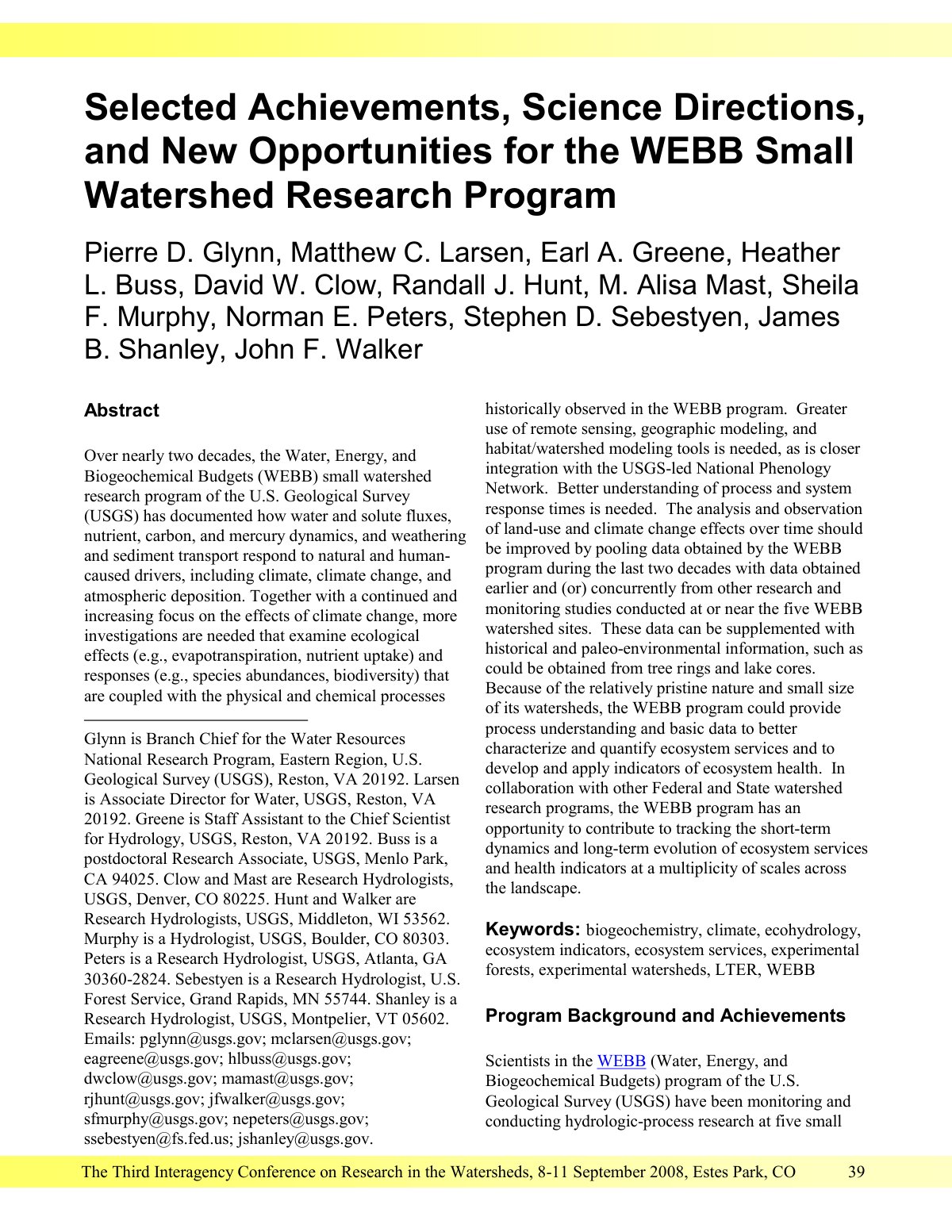 First page of Selected Achievements, Science Directions, and New Opportunities for the WEBB Small Watershed Research Program