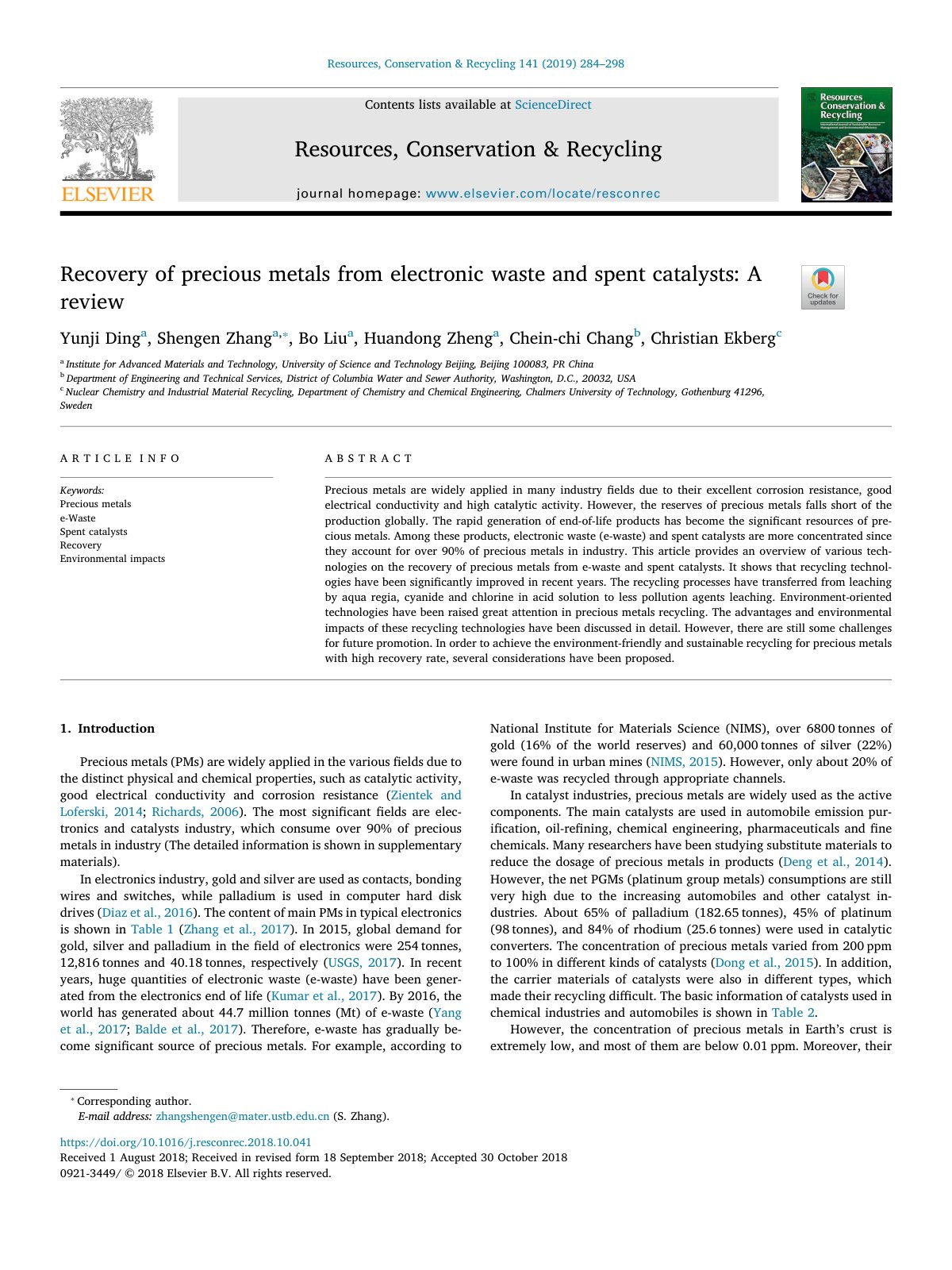 First page of Recovery of precious metals from electronic waste and spent catalysts: A review
