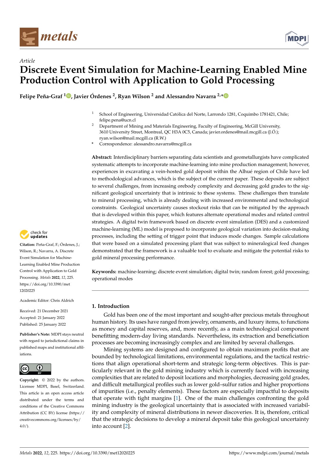 First page of Discrete Event Simulation for Machine-Learning Enabled Mine Production Control with Application to Gold Processing