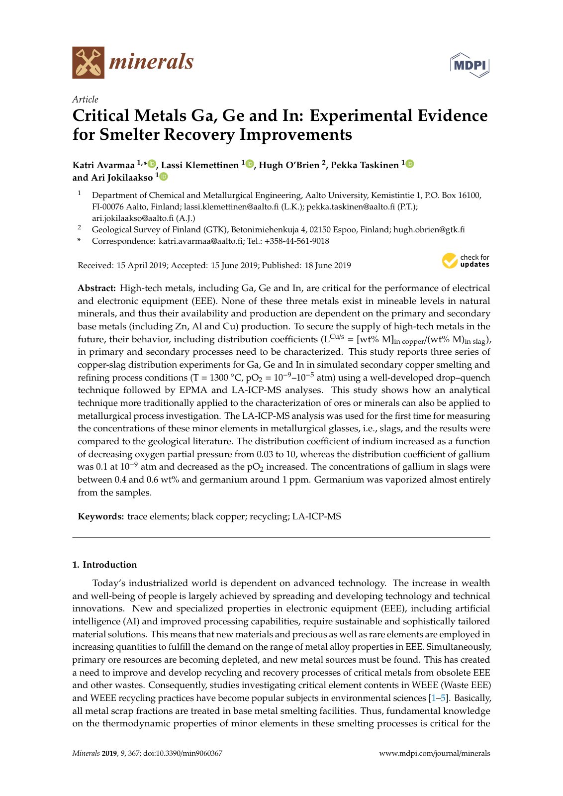 First page of Critical Metals Ga Ge and In Experimenta