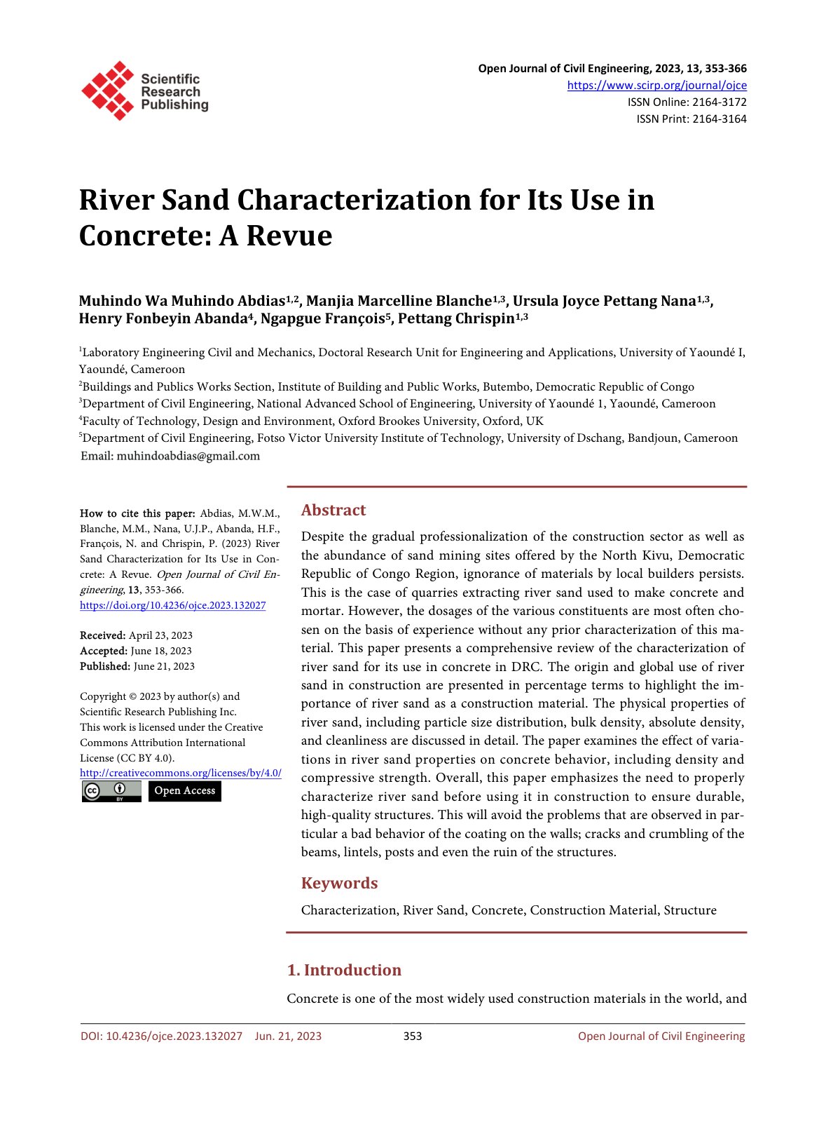 First page of River Sand Characterization for Its Use