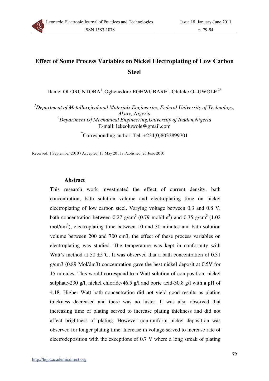 First page of Effect of Some Process Variables on Nickel Electroplating of Low Carbon Steel