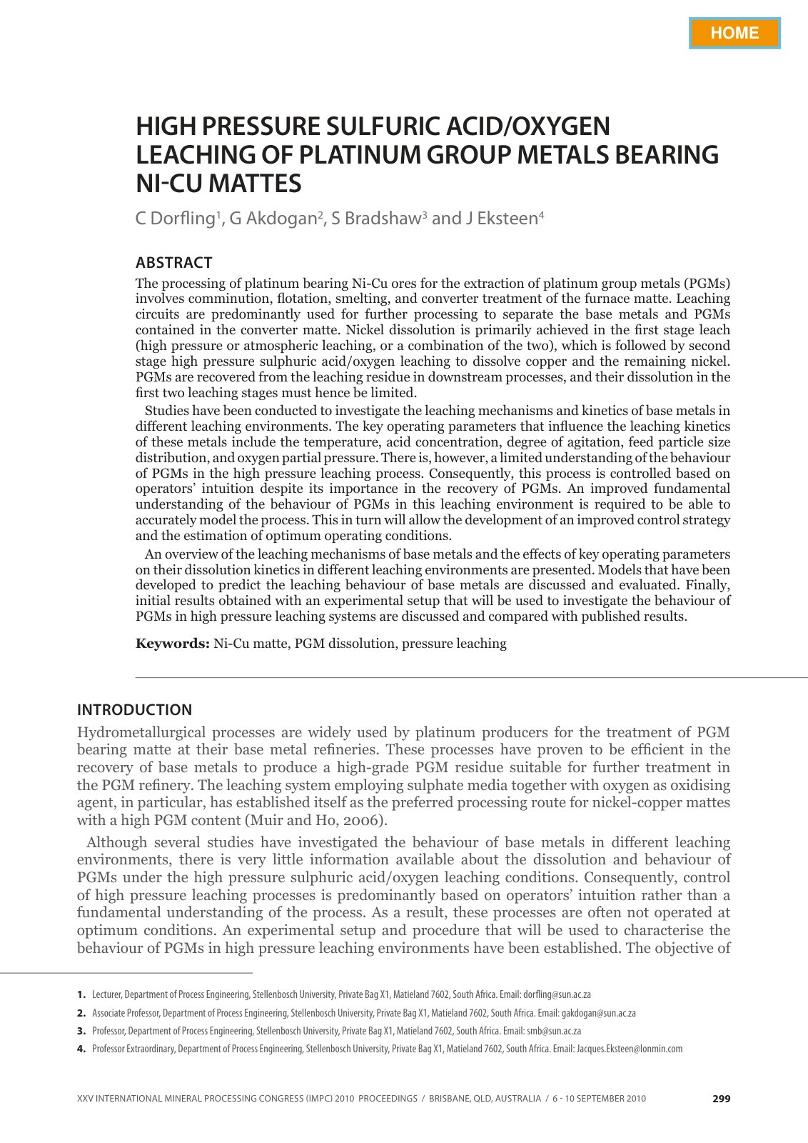 First page of High Pressure Sulfuric Acid/Oxygen Leaching of Platinum Group Metals Bearing Ni-Cu Mattes