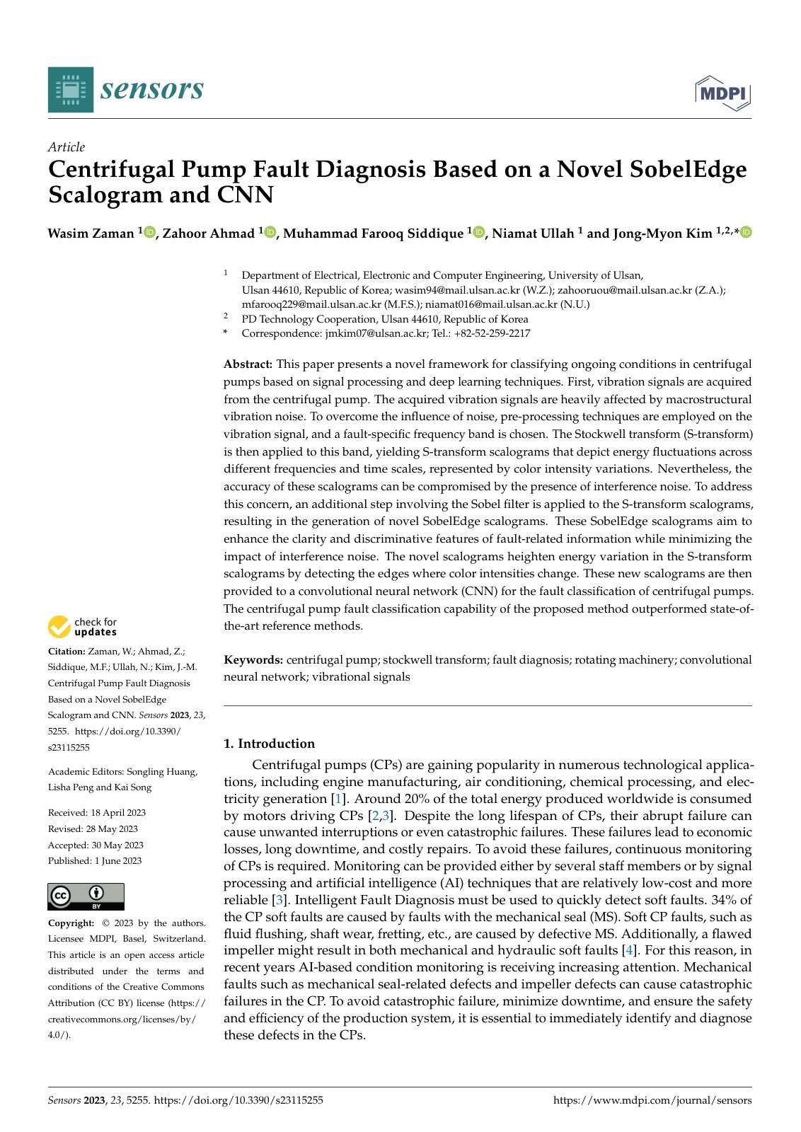 First page of Centrifugal Pump Fault Diagnosis Based on a Novel SobelEdge Scalogram and CNN
