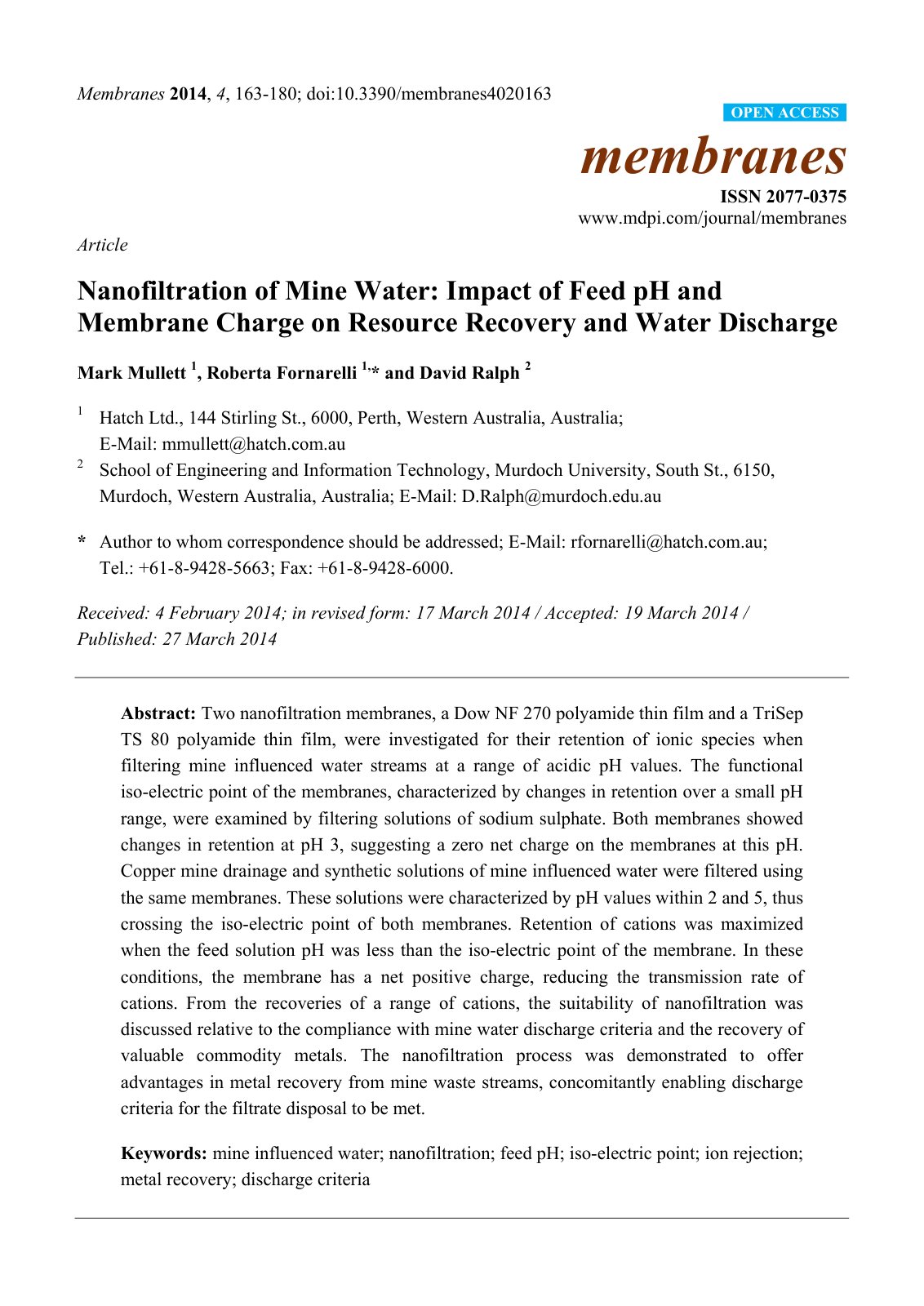 First page of Nanofiltration of Mine Water: Impact of Feed pH and Membrane Charge on Resource Recovery and Water Discharge
