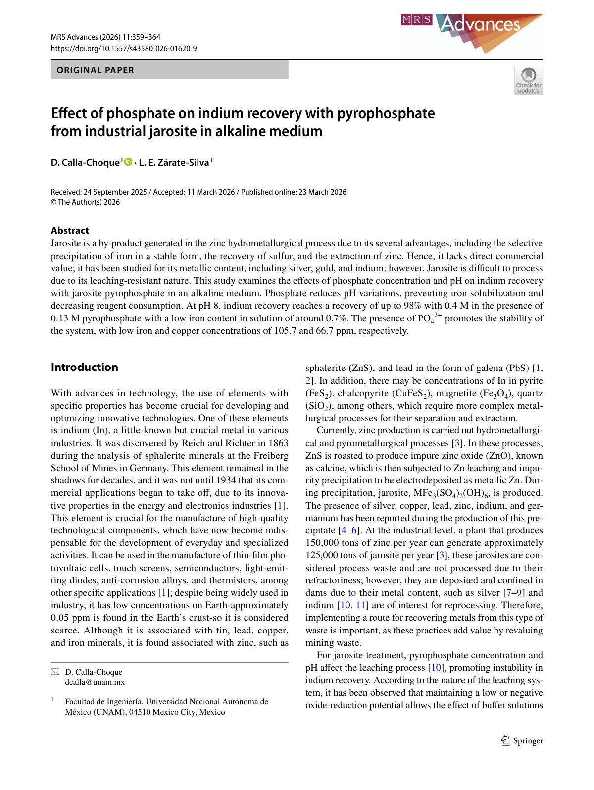 First page of Effect of phosphate on indium recovery with pyrophosphate from industrial jarosite in alkaline medium