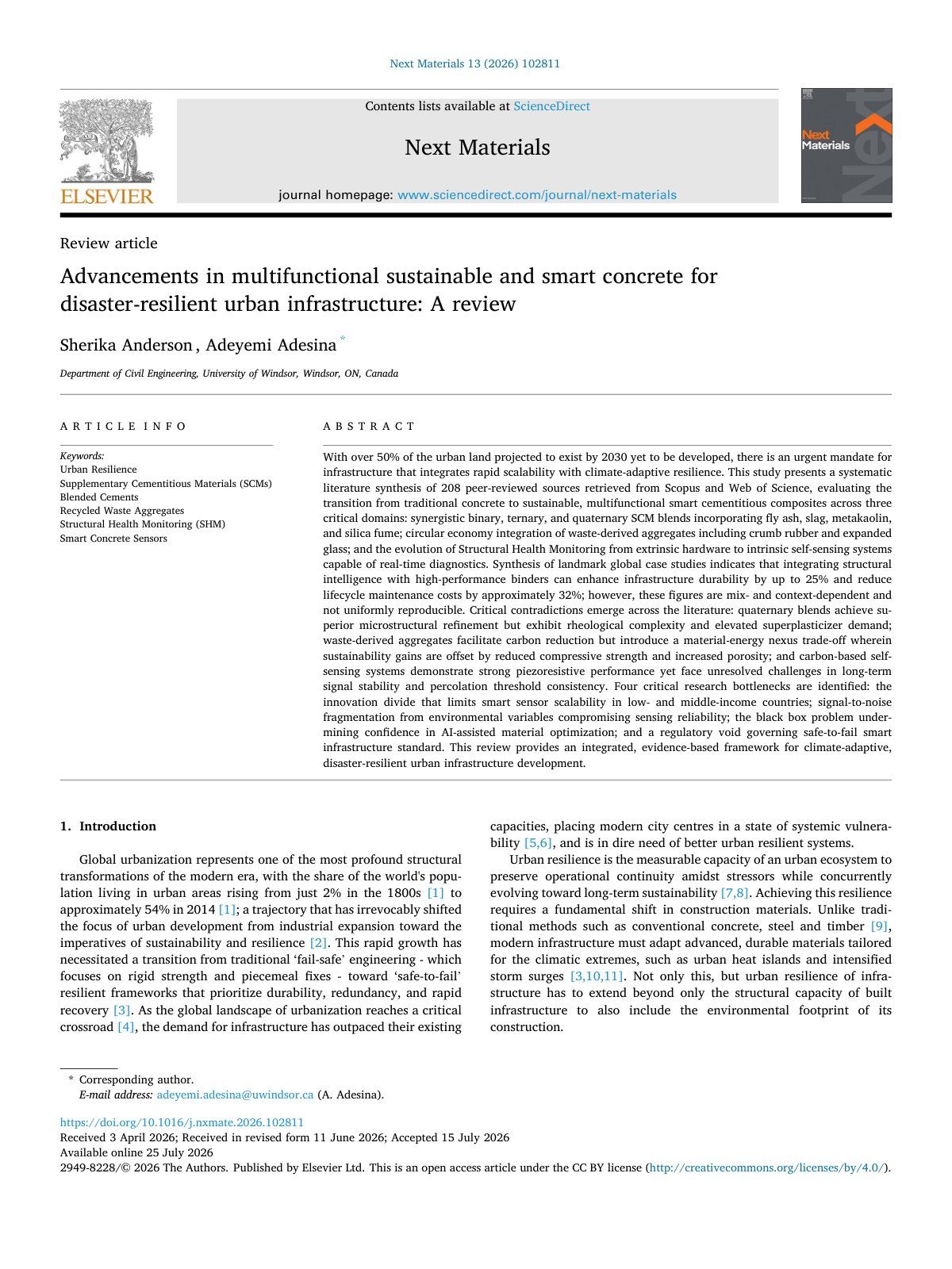 First page of Advancements in multifunctional sustainable and smart concrete  2026 Next Ma