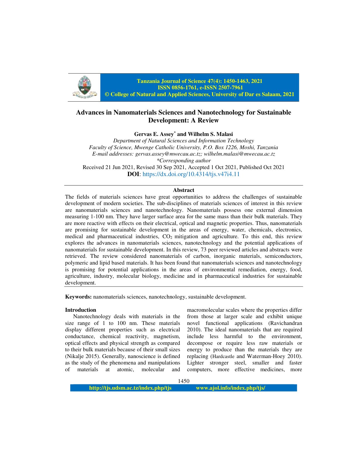 First page of Advances in Nanomaterials Sciences and N