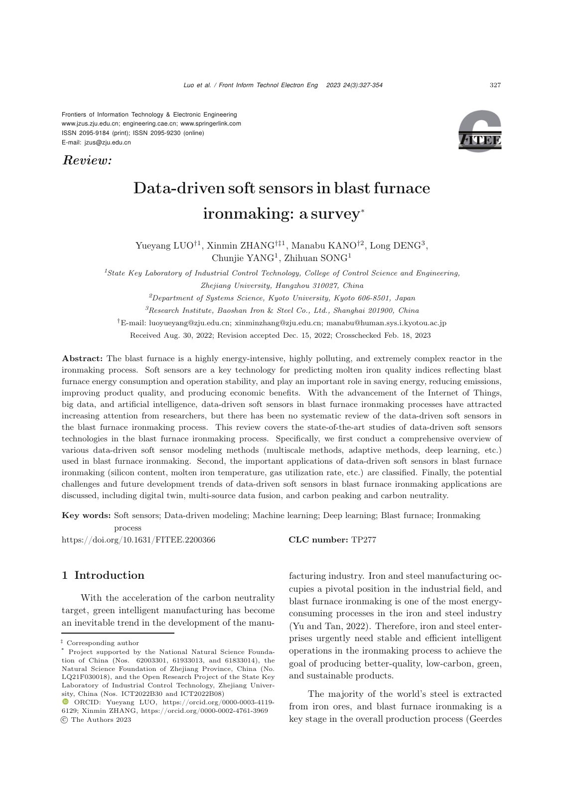 First page of 128 Data driven soft sensors in blast furnace ironmaking a survey