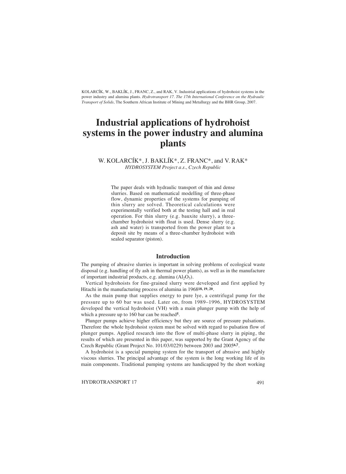 First page of Industrial applications of hydrohoist systems in the power industry and alumina plants