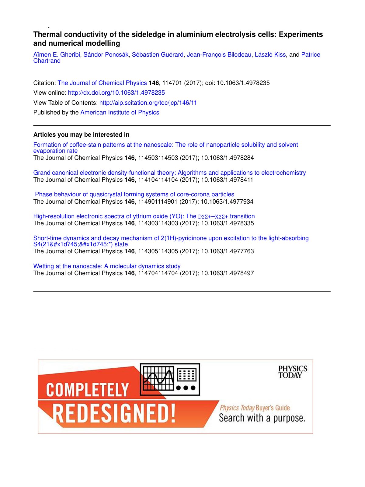 First page of Thermal conductivity of the sideledge in aluminium electrolysis cells: Experiments and numerical modelling