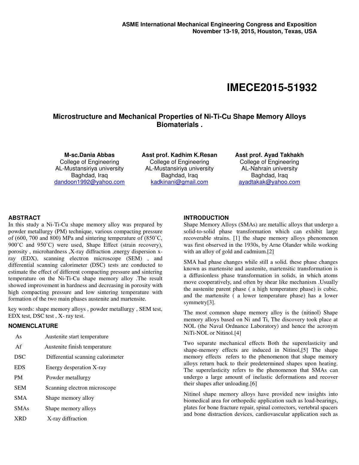 First page of Microstructure and Mechanical Properties of Ni-Ti-Cu Shape Memory Alloys Biomaterials