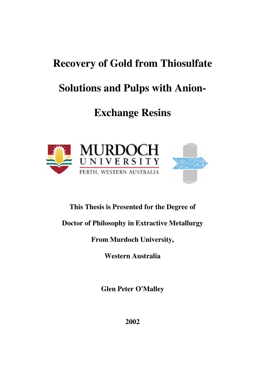 First page of Recovery of Gold from Thiosulfate Solutions and Pulps with Anion- Exchange Resins