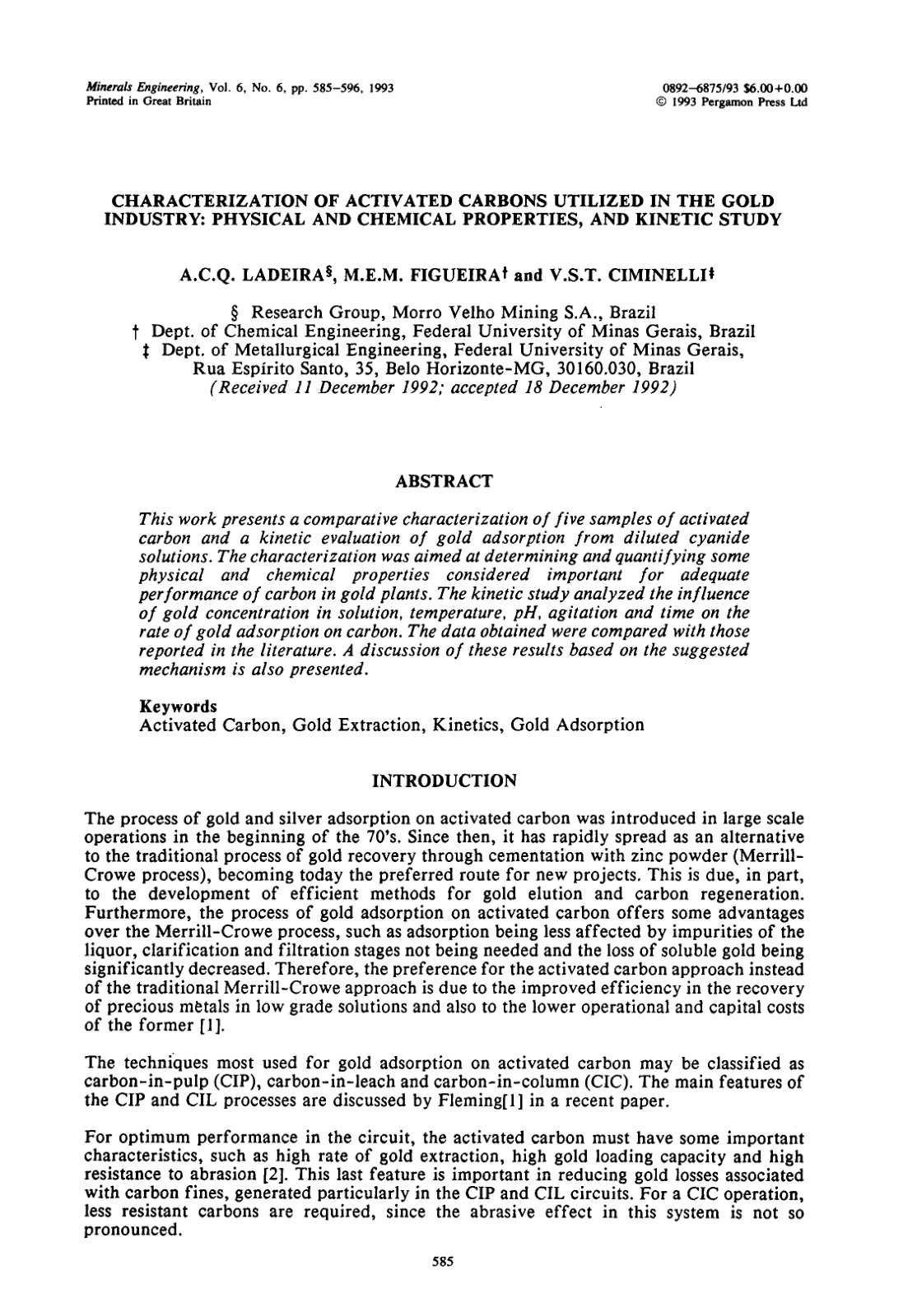 First page of Characterization of Activated Carbons Utilized in the Gold Industry: Physical and Chemical Properties, and Kinetic Study