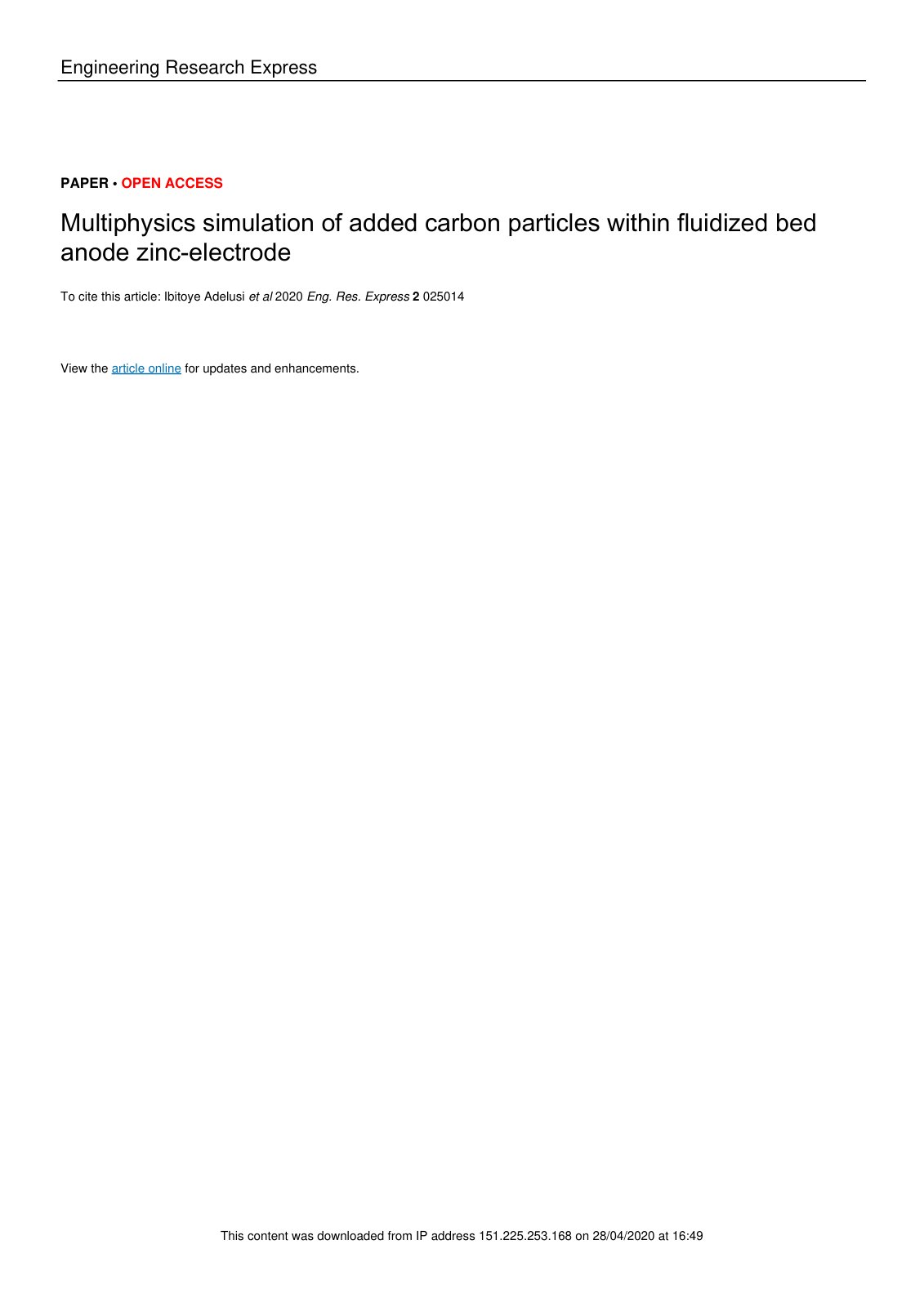 First page of Engineering Research Express Multiphysic