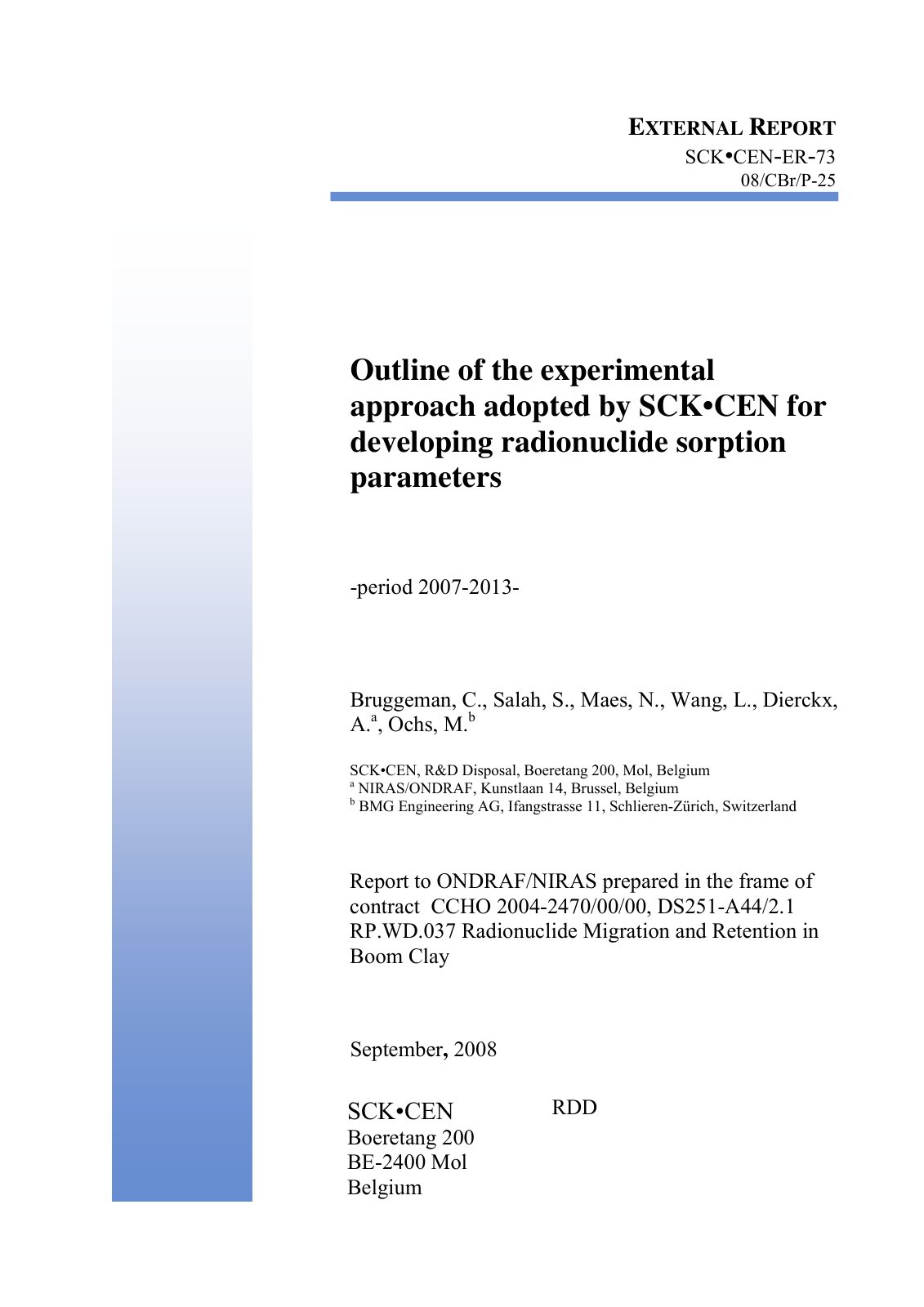 First page of Outline of the experimental approach adopted by SCK•CEN for developing radionuclide sorption parameters