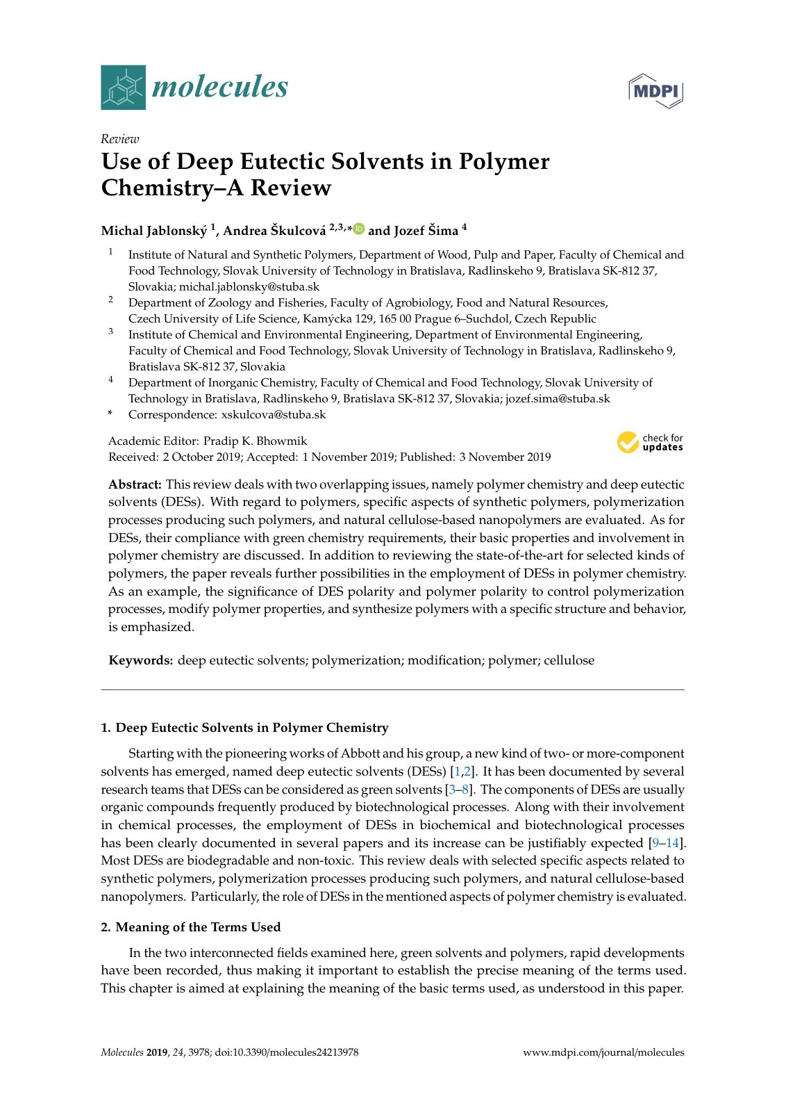 First page of Use of Deep Eutectic Solvents in Polymer Chemistry–A Review