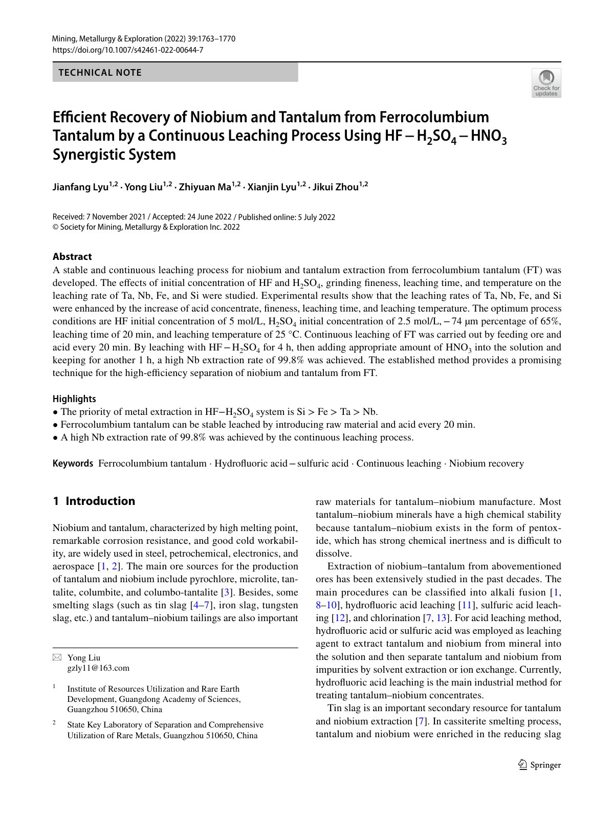First page of Efficient Recovery of Niobium and Tantalum from Ferrocolumbium Tantalum by a Continuous Leaching Process Using HF − H2SO4 − HNO3 Synergistic System