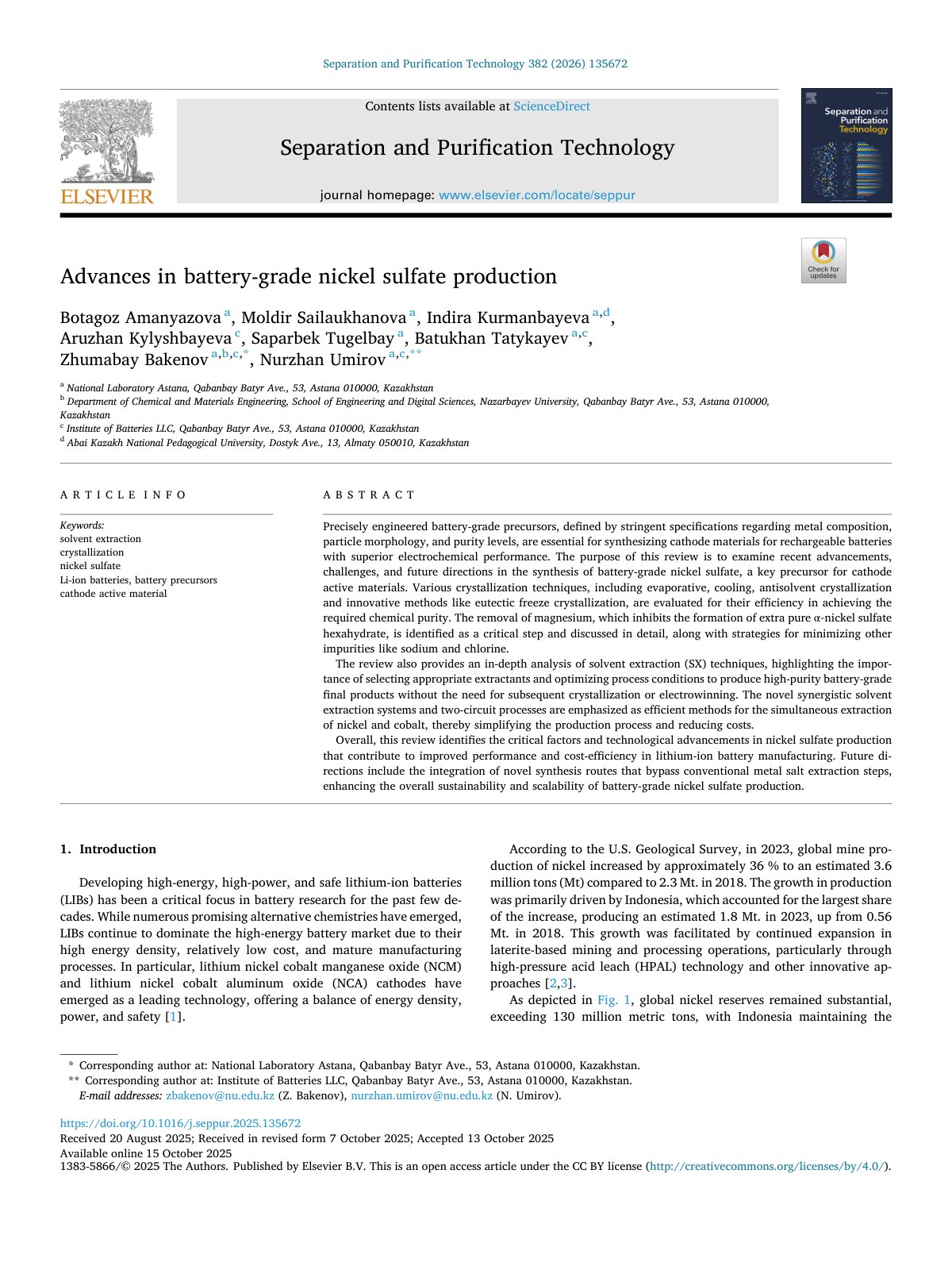 First page of Advances in battery grade nickel sulfate  2026 Separation and Purification T