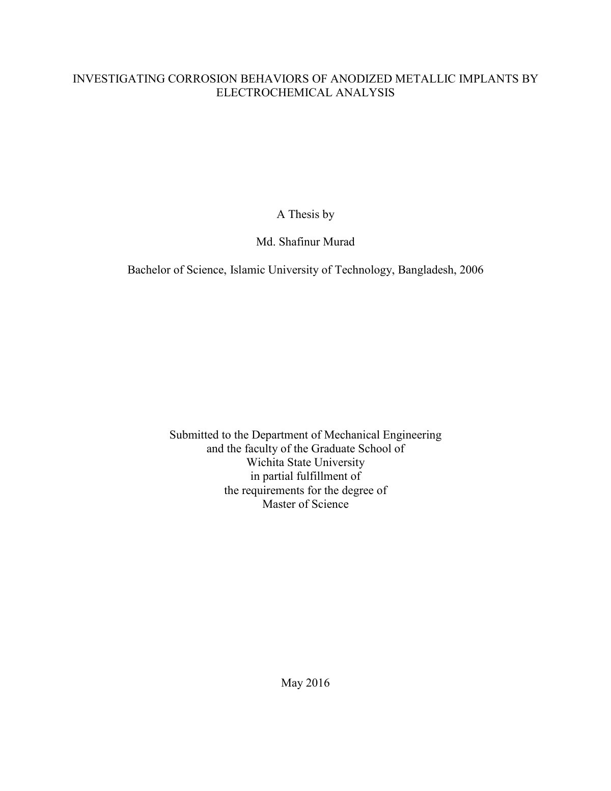 First page of INVESTIGATING CORROSION BEHAVIORS OF ANODIZED METALLIC IMPLANTS BY ELECTROCHEMICAL ANALYSIS