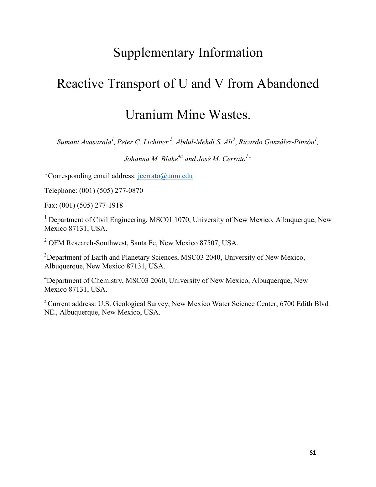 First page of Reactive Transport of U and V from Abandoned Uranium Mine Wastes