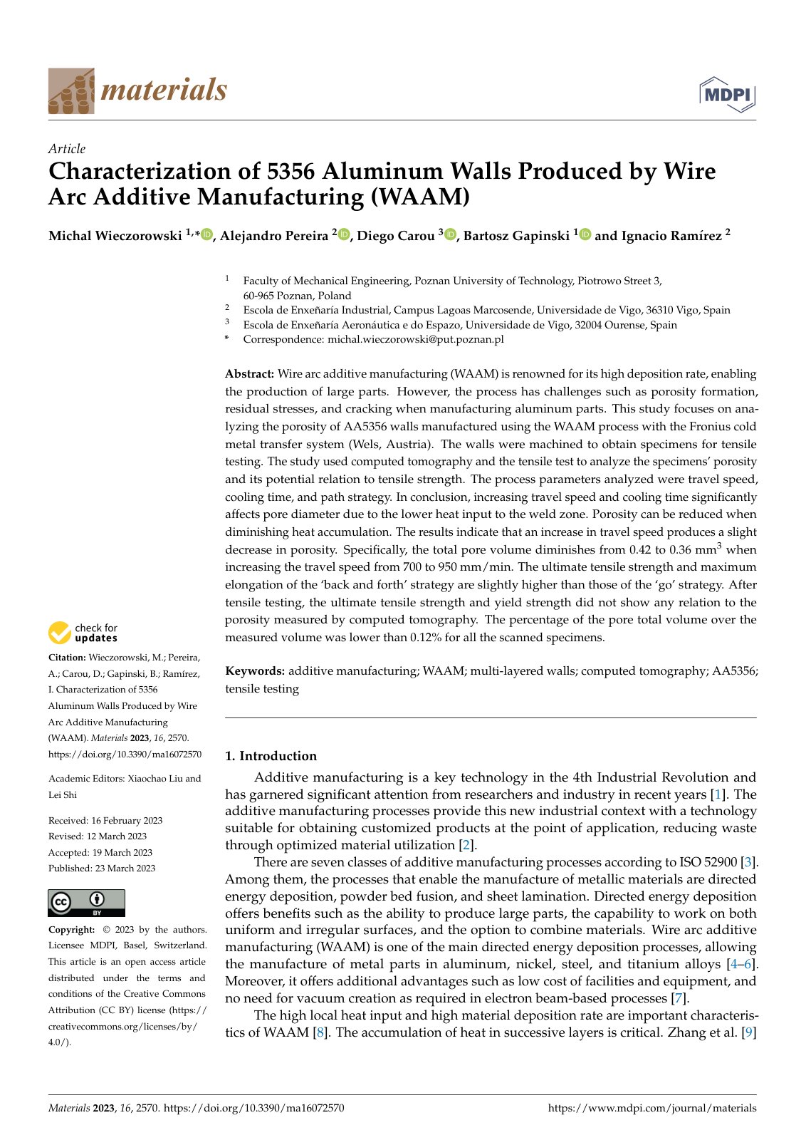 First page of Characterization of 5356 Aluminum W alls Produced by Wire Arc Additive Manufacturing (W AAM)