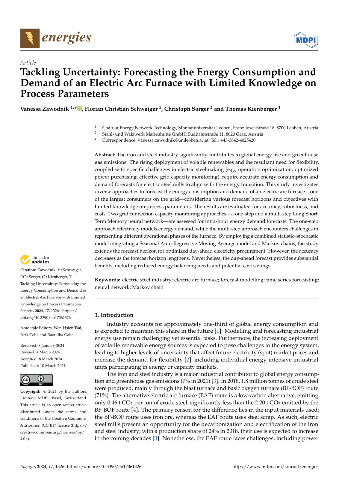 First page of Tackling Uncertainty: Forecasting the Energy Consumption and Demand of an Electric Arc Furnace with Limited Knowledge on Process Parameters
