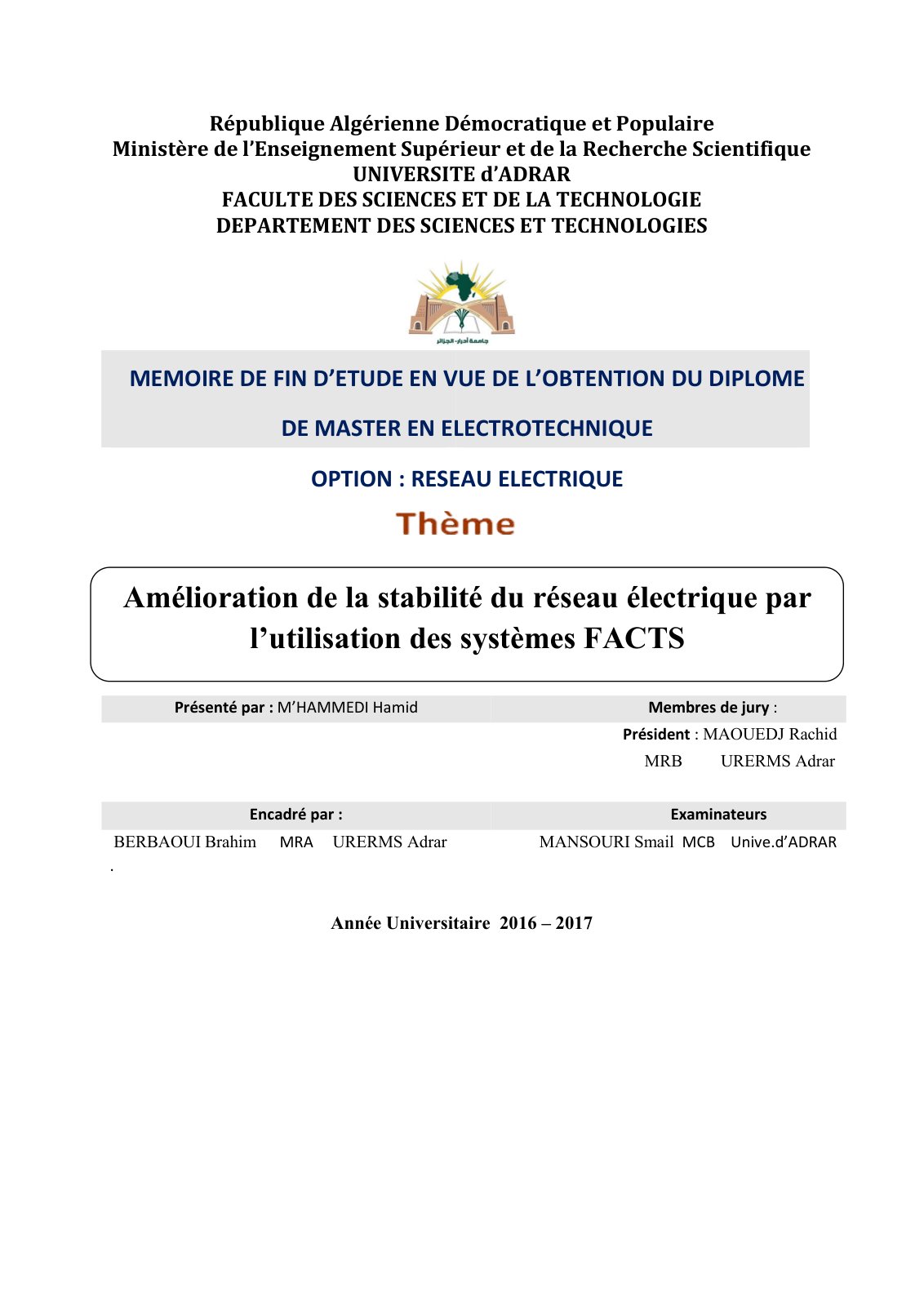 First page of Mémoire Amélioration de la stabilité du réseau électrique pa