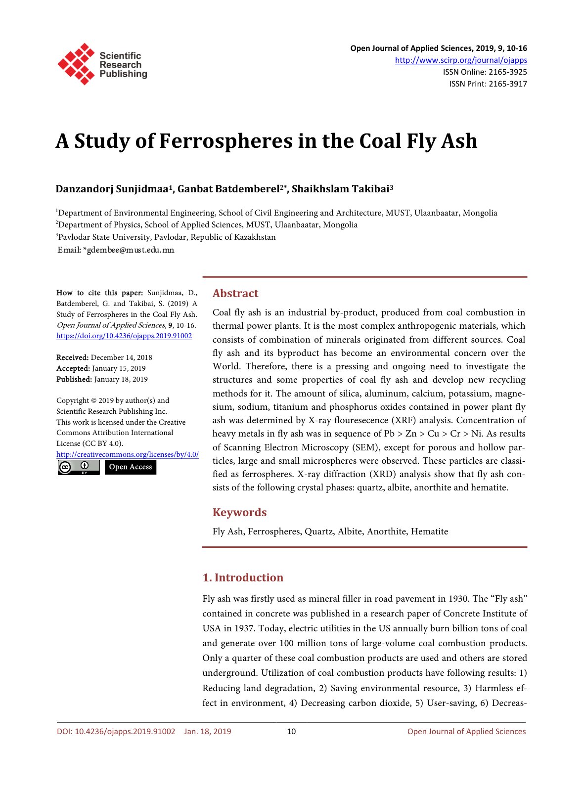 First page of A Study of Ferrospheres in the Coal Fly Ash