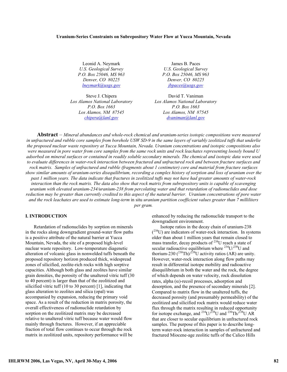 First page of Uranium-Series Constraints on Subrepository Water Flow at Yucca Mountain, Nevada