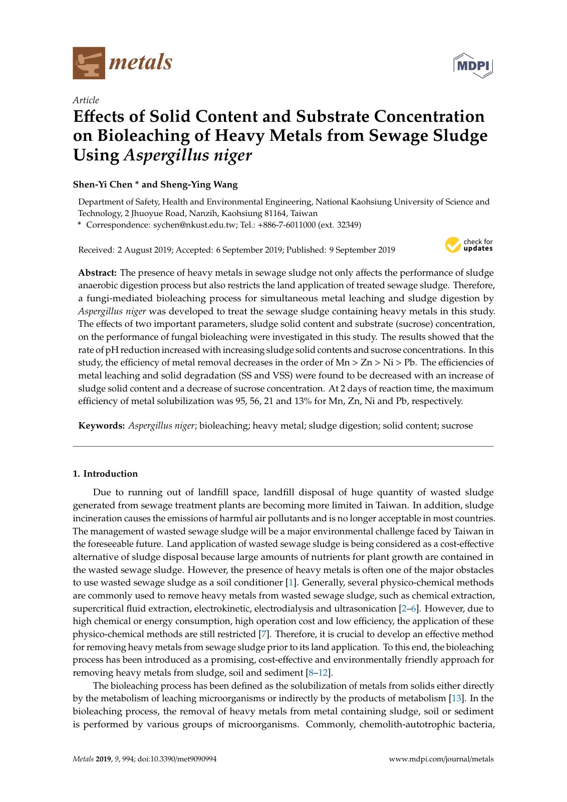 First page of Eﬀects of Solid Content and Substrate Concentration on Bioleaching of Heavy Metals from Sewage Sludge Using Aspergillus niger