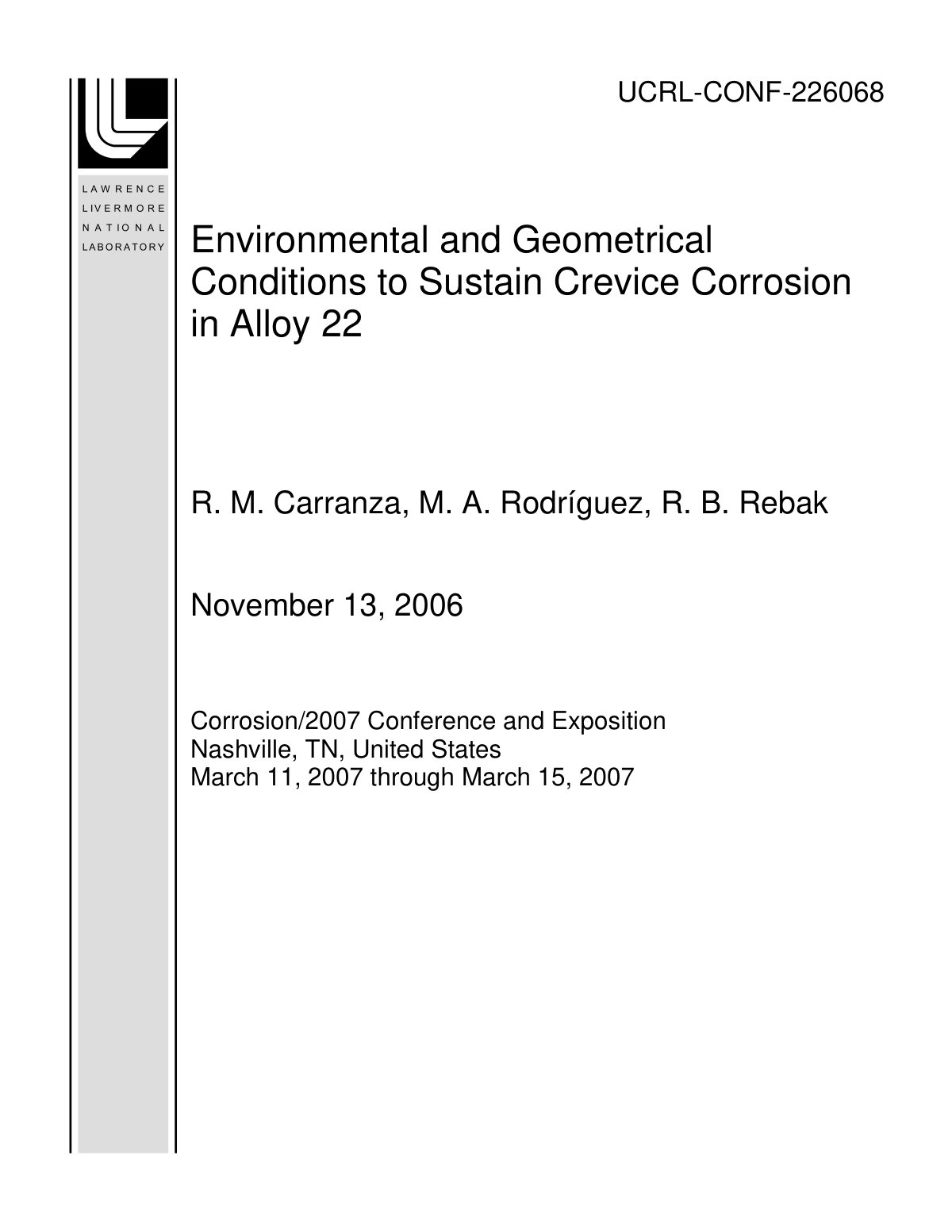 First page of Environmental and Geometrical Conditions to Sustain Crevice Corrosion in Alloy 22